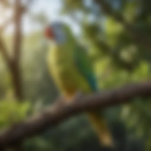 A vibrant parakeet perched on a branch in a sunny outdoor setting, surrounded by greenery.