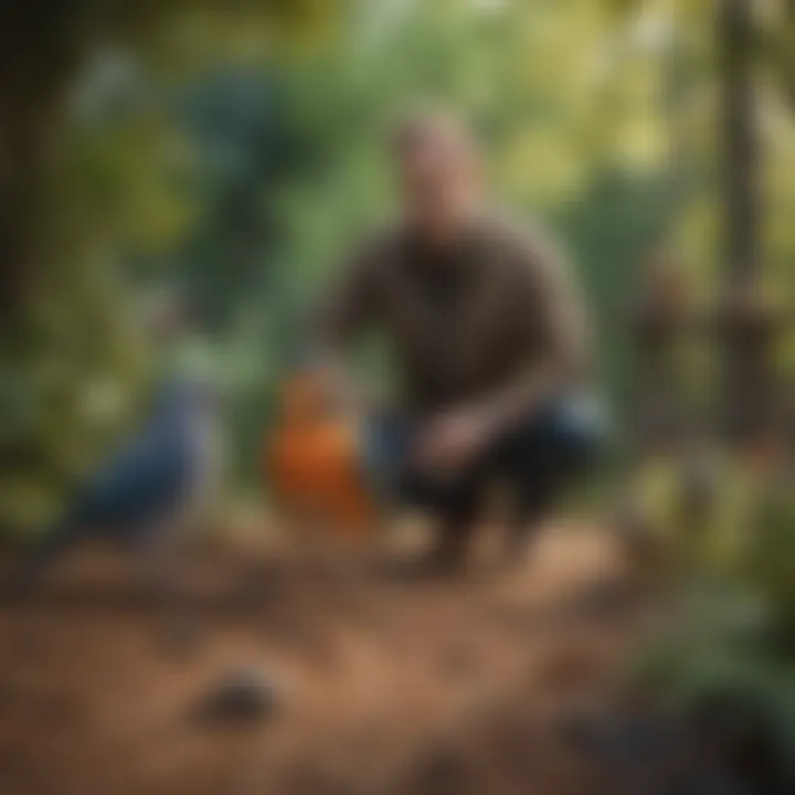 A bird owner supervising their pet bird as it explores a safe outdoor space, showcasing a harmonious interaction.