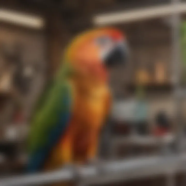 An organized cleaning setup for maintaining a parrot cage