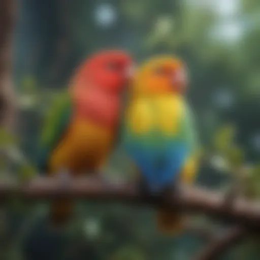 Colorful lovebirds perched on a branch