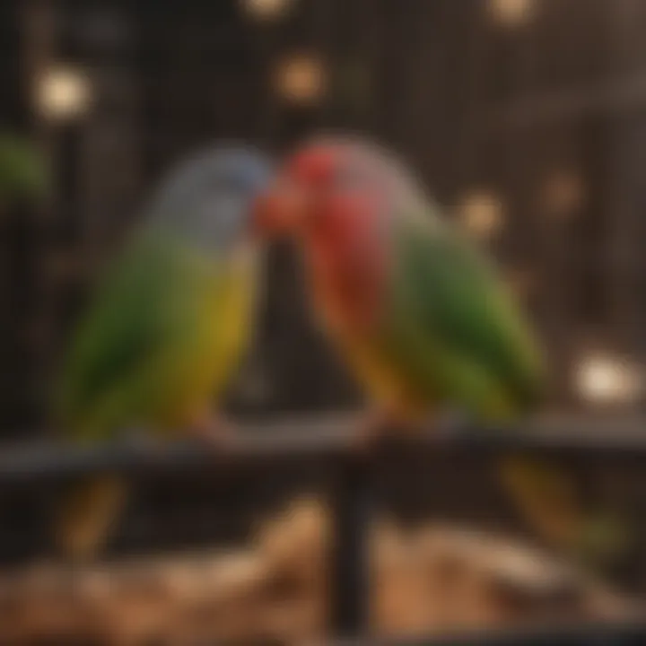 Lovebirds interacting in a well-organized cage environment