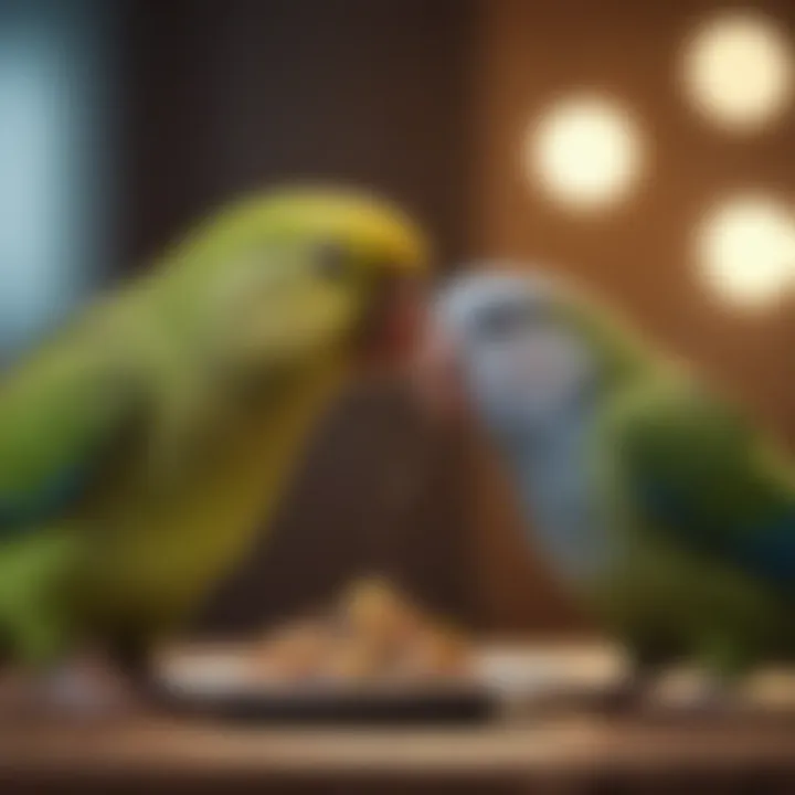 A happy parakeet enjoying a healthy meal