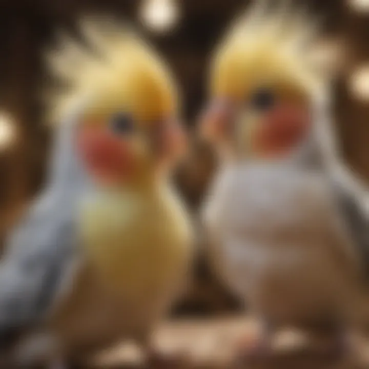 Two cockatiels interacting, emphasizing the importance of social interaction in their habitat