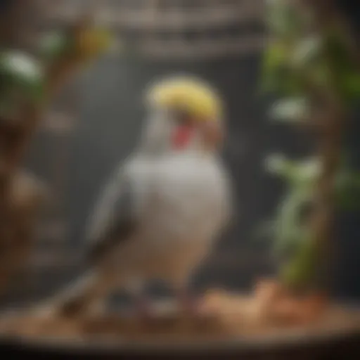 Spacious and well-designed cage for cockatiels showcasing natural habitat elements