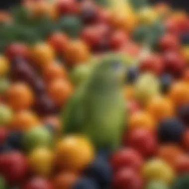 Fresh fruits and vegetables arranged in a colorful display for parakeets