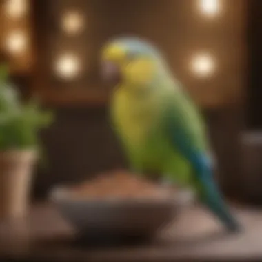 A parakeet enjoying a nutritious treat from a feeding bowl