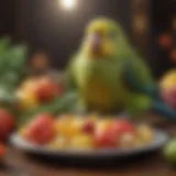 Colorful parakeets enjoying fresh fruits and vegetables