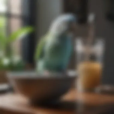 Parakeet perched next to a bowl of water