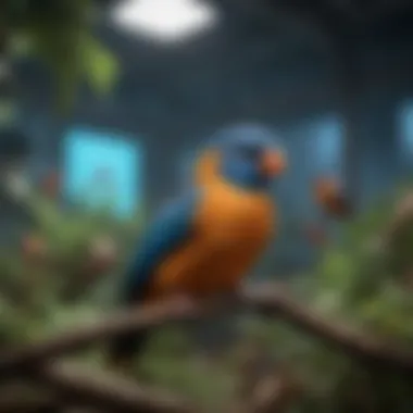 A vibrant aviary showcasing various bird species under optimal UV lighting