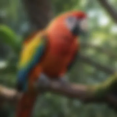 A vibrant parrot perched on a colorful branch