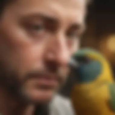 A close-up of a bird interacting with its owner, symbolizing the bond and companionship they share.