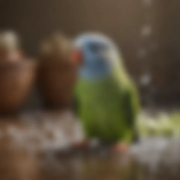 A parakeet engaging in playful bathing behavior.