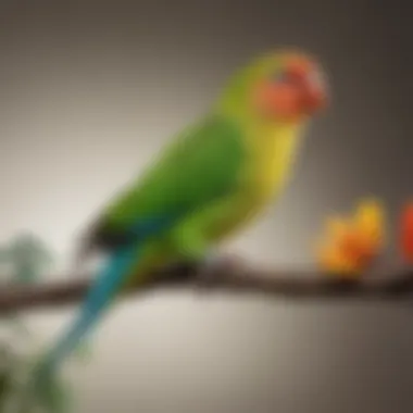 A vibrant parakeet perched on a colorful branch