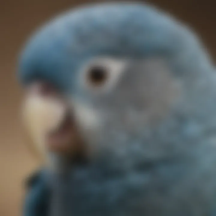 A close-up of a blue parakeet with distinctive markings, highlighting its unique features