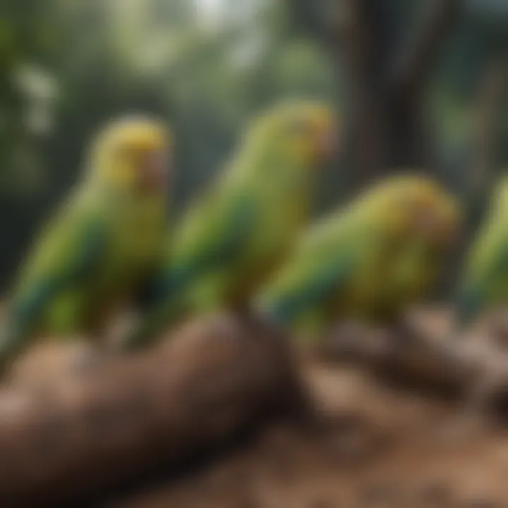 A group of parakeets interacting in a natural habitat, illustrating their social behavior