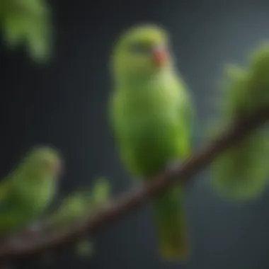 Vibrant green parakeet perched on a branch, showcasing its colorful plumage