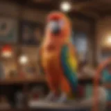 A vibrant parrot perched on a colorful play stand