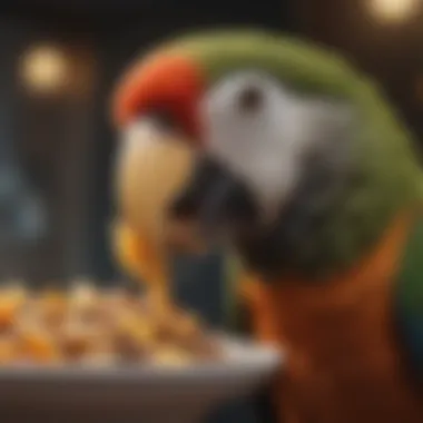 Feeding Habits and Beak Functionality A parrot using its beak to manipulate food, illustrating feeding behavior