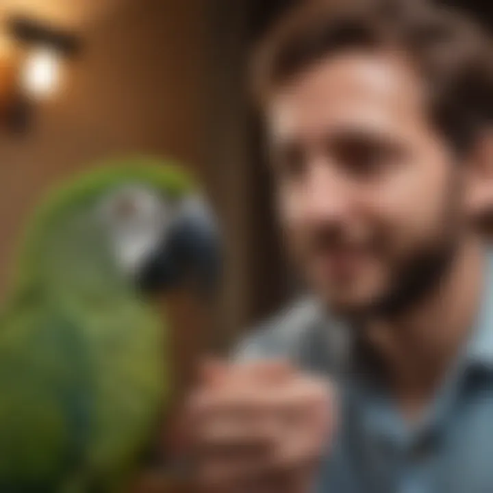 A joyful parrot interacting with its owner, showcasing social behavior