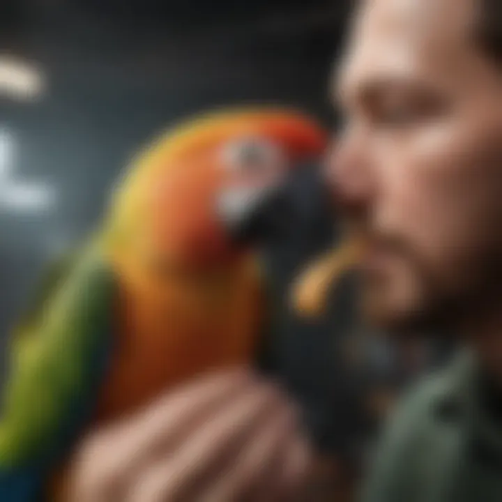 A parrot being hand-fed by an owner