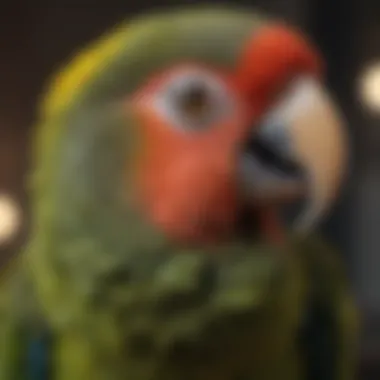 A close-up of a parrot's beak and eyes, highlighting its expressive features.