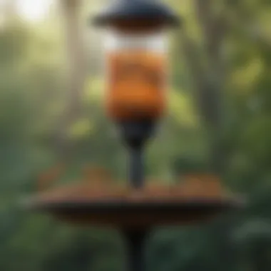 Perky Pet Ant Guard on Bird Feeder A close-up of a Perky Pet ant guard installed on a bird feeder.