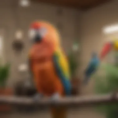 A vibrant parrot perched on a branch in a veterinary clinic setting