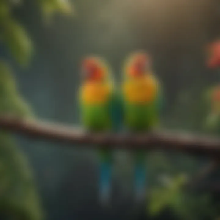 Colorful parakeets perched on a branch