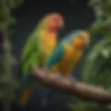 A vibrantly colored parakeet perched on a branch with natural foliage in the background.