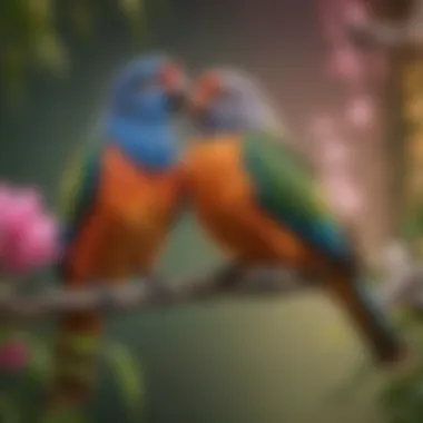 Companionship with Pet Birds A vibrant pet bird perched on a colorful branch, illustrating companionship