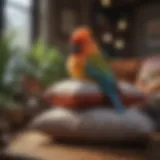 Colorful pet bird pillows arranged in a cozy setting