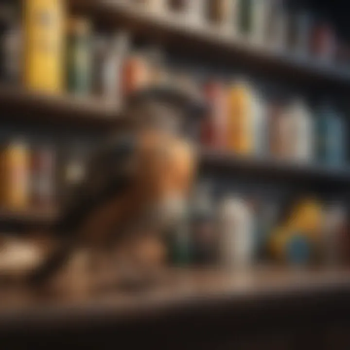 Bird care products arranged neatly on a shelf