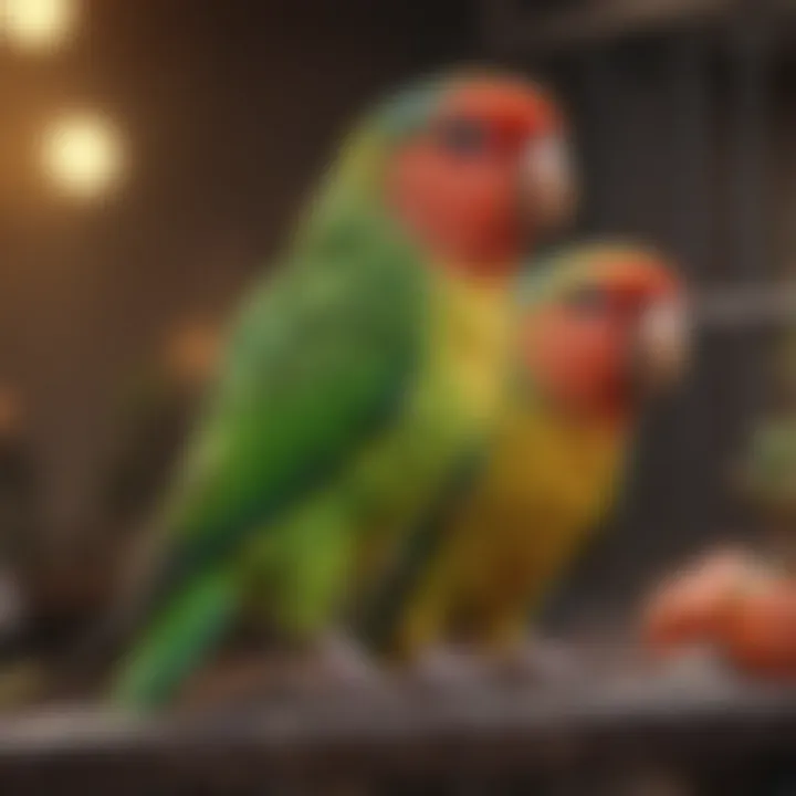 Colorful parakeets perched in a vibrant cage