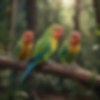 Colorful parakeets perched on a branch