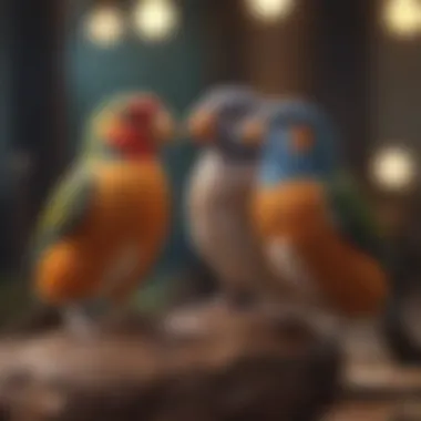 A group of diverse pet birds socializing together