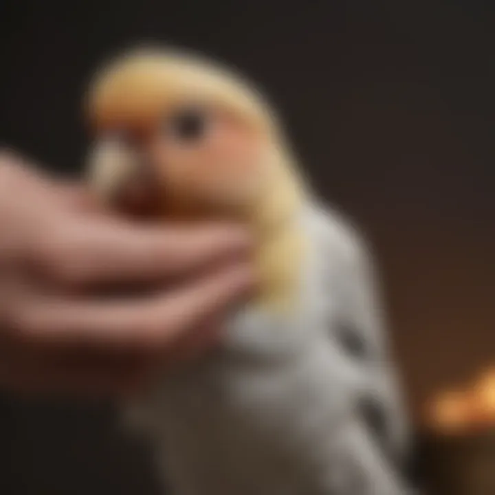 A close-up of a hand feeding a cockatiel