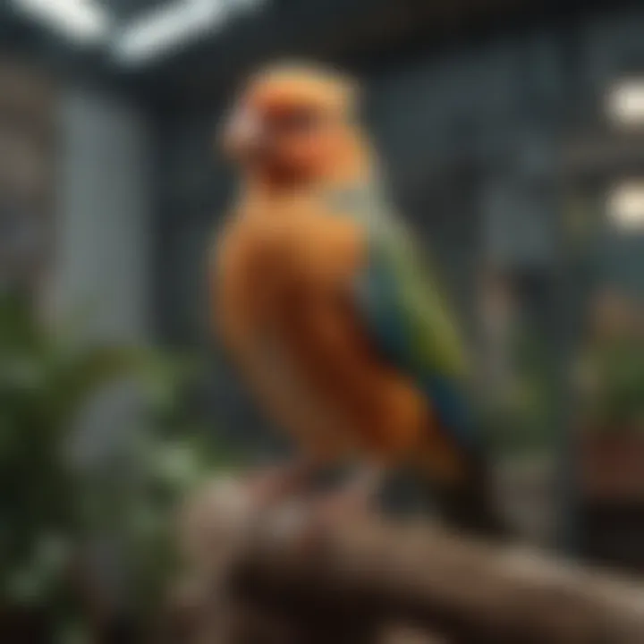 A healthy pet bird perched in a spacious aviary, symbolizing welfare and responsible ownership.