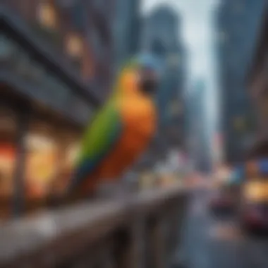 A colorful array of pet birds perched in a vibrant urban setting