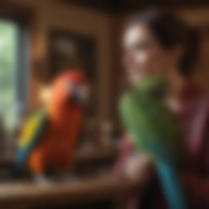 Caring pet owner interacting with a parrot in a cozy home setting