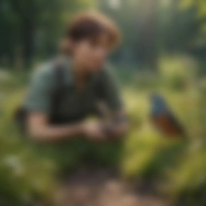 A bird enthusiast observing their pet bird explore grassy terrain