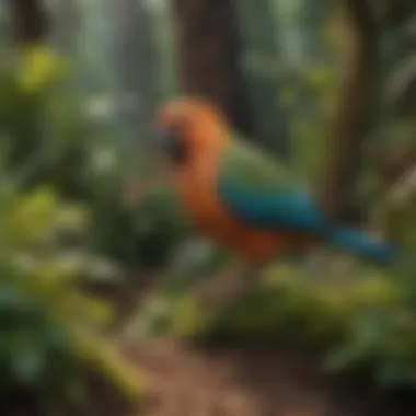 Nature's Playground for Pet Birds A vibrant outdoor space filled with various plants and natural habitats