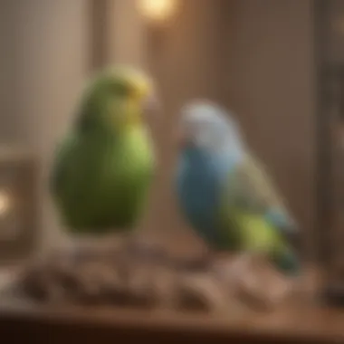 A playful budgerigar interacting with a toy in its cage.