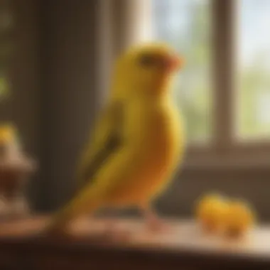 A canary singing energetically in a sunlit room.