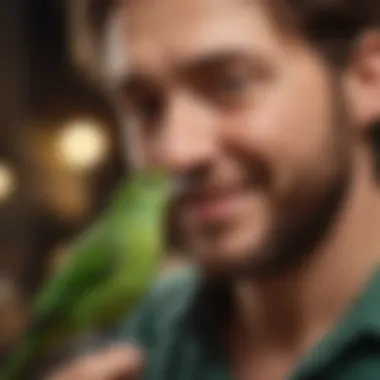 Bonding Moment with a Green Bird A joyful green bird interacting with its owner, illustrating the bond between them.