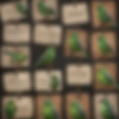 A collection of unique pet name tags displayed creatively, showcasing various names for green birds.