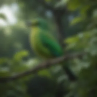 Vibrant Green Bird in Nature A vibrant green bird perched on a branch surrounded by lush foliage.