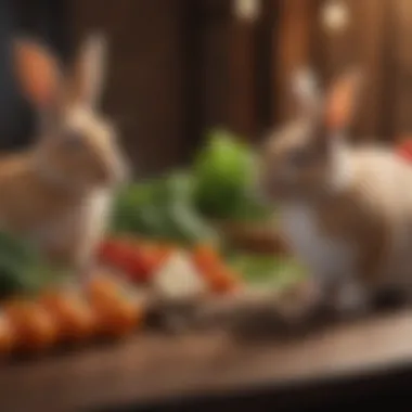 Essential Rabbit Nutrition Assorted fresh vegetables and high-quality rabbit pellets displayed on a table