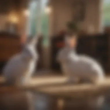 Social Interaction Among Rabbits Two rabbits interacting playfully in a spacious living area
