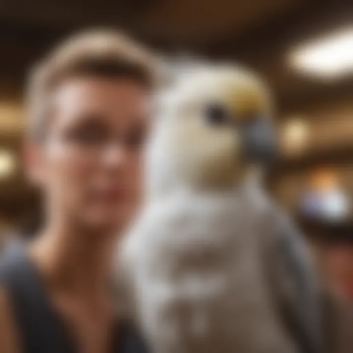 A fluffy cockatiel sitting on a shoulder