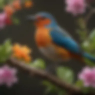 Symbiotic Relationships: Birds and Their Flora A colorful bird perched on a branch surrounded by various flowering plants.